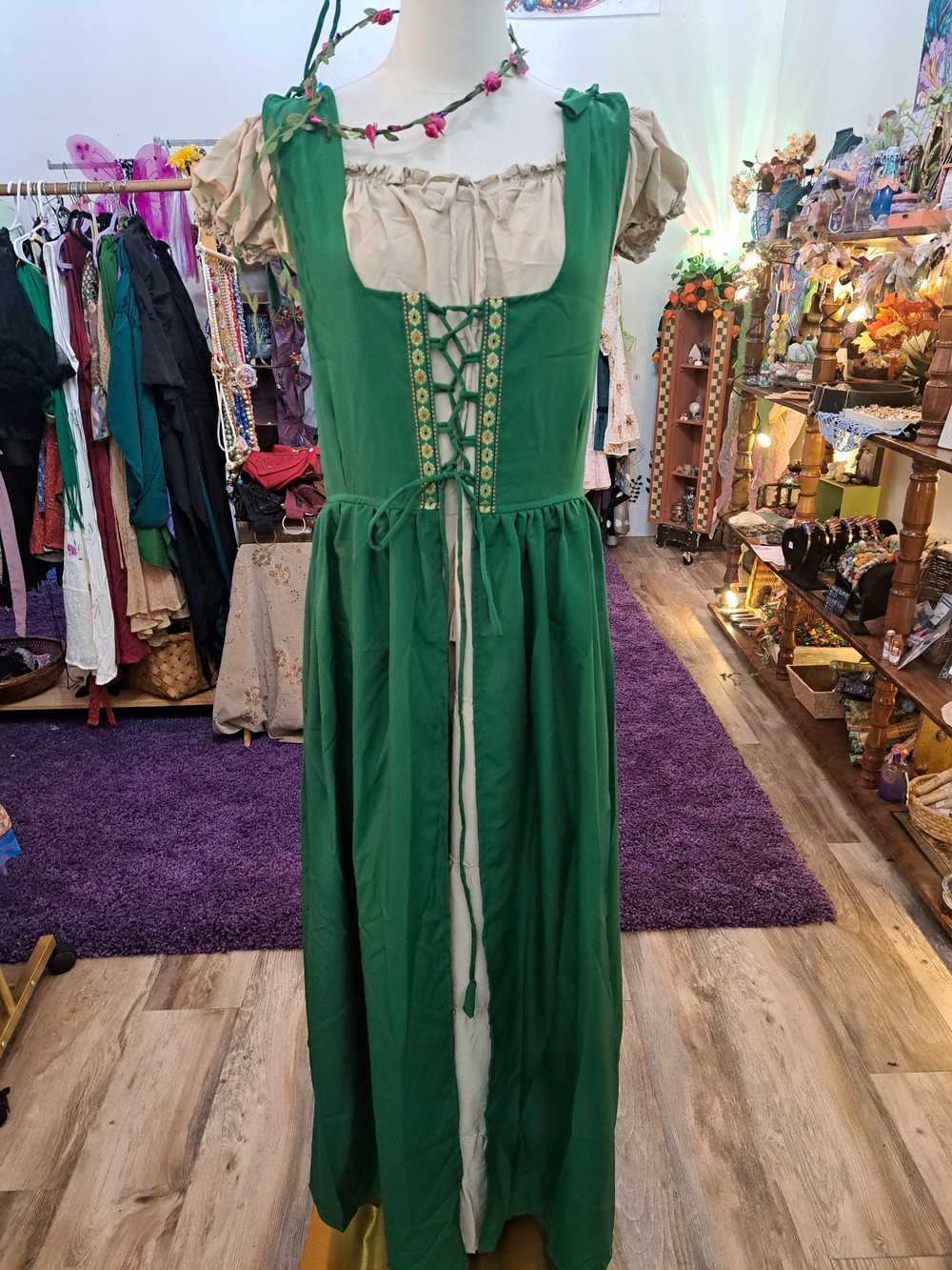 Emerald Irish Rose Ren Faire Dress & Chemise Set + Crown • Reminisce L/XL • NEW